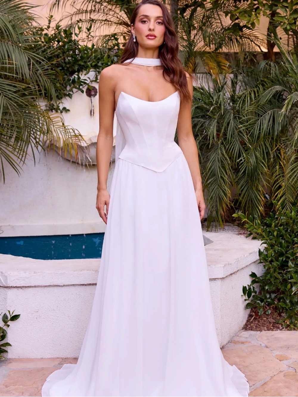 Strapless White Chiffon A-Line Evening Dress with Corset Bodice